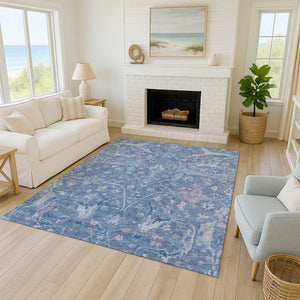HomeRoots 5' Floral Washable Area Rug in Sky Blue & Ivory – Durable, Indoor/Outdoor, Easy-Care Design 639600