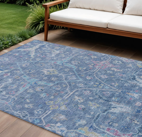 HomeRoots 8' X 10' Elegant Blue and Ivory Floral Washable Area Rug for Indoor/Outdoor Spaces, Durable Design 639602