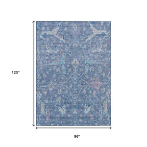 HomeRoots 8' X 10' Elegant Blue and Ivory Floral Washable Area Rug for Indoor/Outdoor Spaces, Durable Design 639602