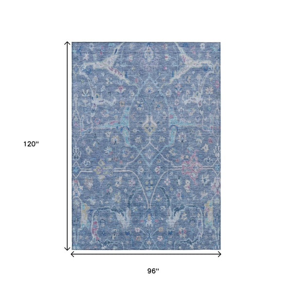 HomeRoots 8' X 10' Elegant Blue and Ivory Floral Washable Area Rug for Indoor/Outdoor Spaces, Durable Design 639602