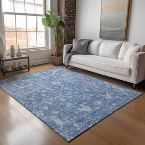 HomeRoots 8' X 10' Elegant Blue and Ivory Floral Washable Area Rug for Indoor/Outdoor Spaces, Durable Design 639602