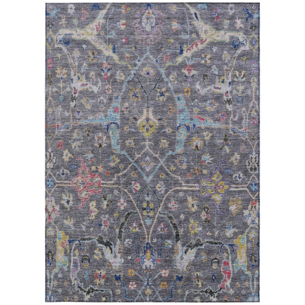 HomeRoots 5' X 8' Gray Gold Red Floral Area Rug - Washable, Stain Resistant, Ideal for Indoor & Outdoor Use 639606