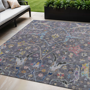 HomeRoots 5' X 8' Gray Gold Red Floral Area Rug - Washable, Stain Resistant, Ideal for Indoor & Outdoor Use 639606