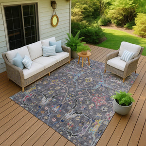 HomeRoots 5' X 8' Gray Gold Red Floral Area Rug - Washable, Stain Resistant, Ideal for Indoor & Outdoor Use 639606