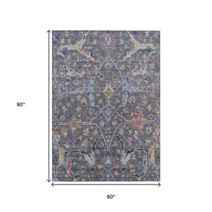 HomeRoots 5' X 8' Gray Gold Red Floral Area Rug - Washable, Stain Resistant, Ideal for Indoor & Outdoor Use 639606