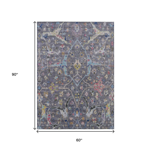 HomeRoots 5' X 8' Gray Gold Red Floral Area Rug - Washable, Stain Resistant, Ideal for Indoor & Outdoor Use 639606