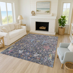 HomeRoots 5' X 8' Gray Gold Red Floral Area Rug - Washable, Stain Resistant, Ideal for Indoor & Outdoor Use 639606
