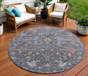 HomeRoots 8' Round Floral Area Rug in Gray, Gold & Red – Washable, Durable, Indoor/Outdoor Charm for Any Space 639607