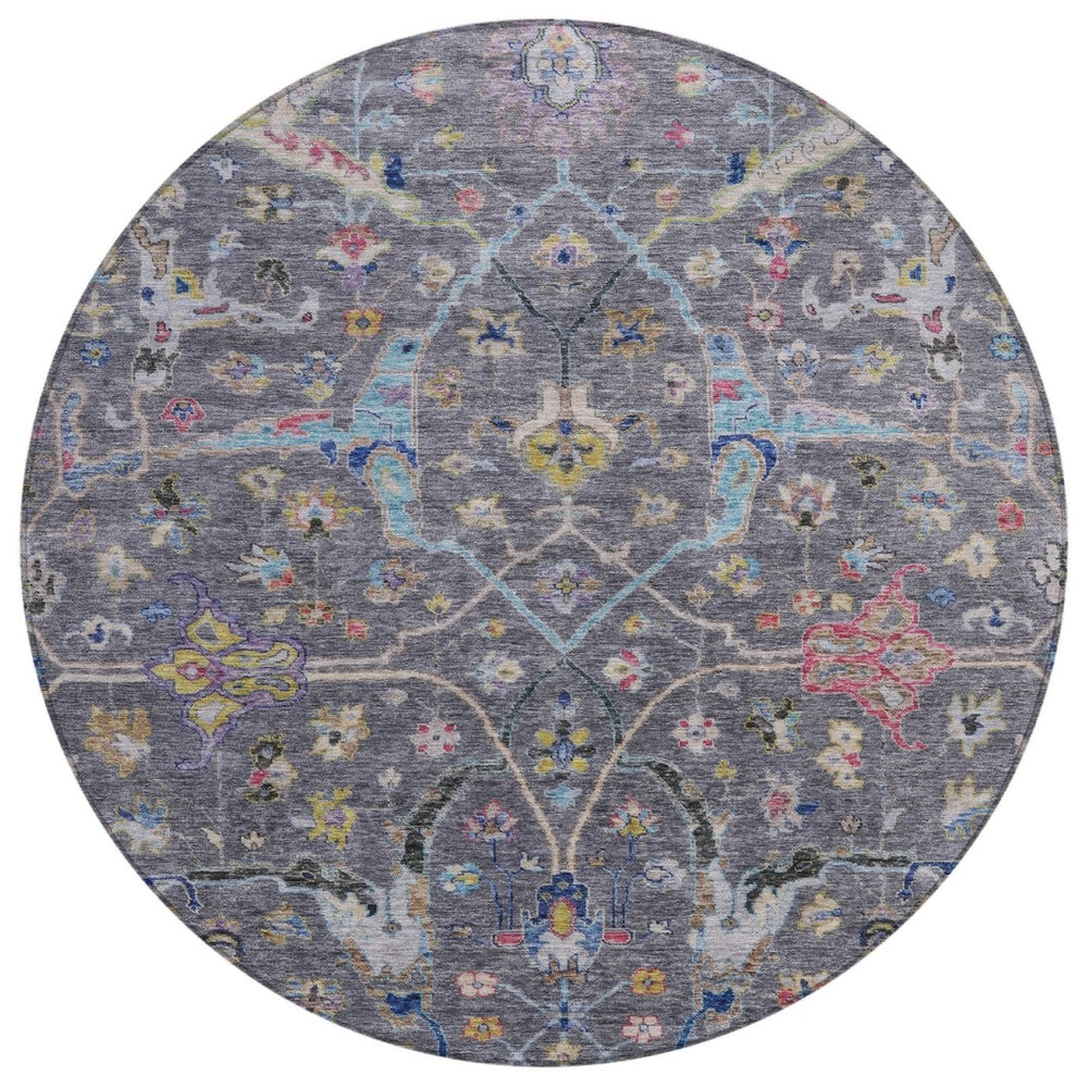 HomeRoots 8' Round Floral Area Rug in Gray, Gold & Red – Washable, Durable, Indoor/Outdoor Charm for Any Space 639607