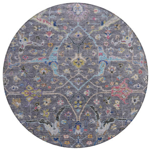 HomeRoots 8' Round Floral Area Rug in Gray, Gold & Red – Washable, Durable, Indoor/Outdoor Charm for Any Space 639607