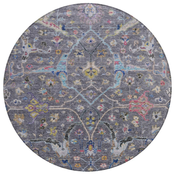 HomeRoots 8' Round Floral Area Rug in Gray, Gold & Red – Washable, Durable, Indoor/Outdoor Charm for Any Space 639607