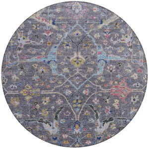 HomeRoots 8' Round Floral Area Rug in Gray, Gold & Red – Washable, Durable, Indoor/Outdoor Charm for Any Space 639607