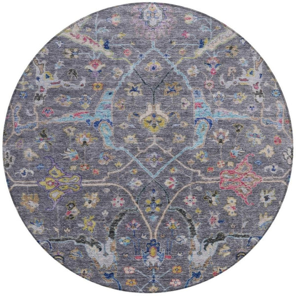 HomeRoots 8' Round Floral Area Rug in Gray, Gold & Red – Washable, Durable, Indoor/Outdoor Charm for Any Space 639607