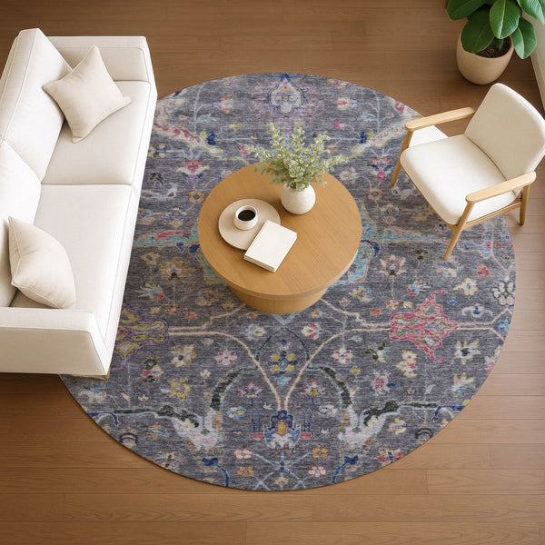 HomeRoots 8' Round Floral Area Rug in Gray, Gold & Red – Washable, Durable, Indoor/Outdoor Charm for Any Space 639607