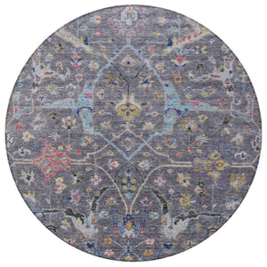 HomeRoots 8' Round Floral Area Rug in Gray, Gold & Red – Washable, Durable, Indoor/Outdoor Charm for Any Space 639607