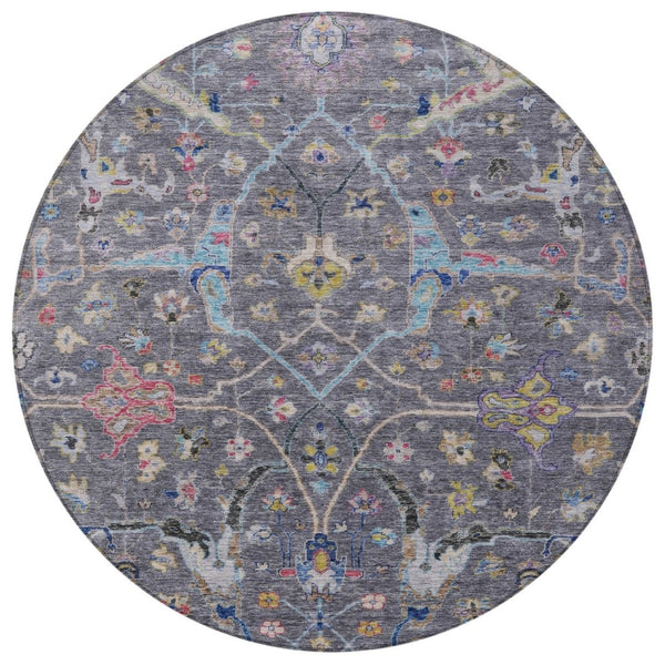 HomeRoots 8' Round Floral Area Rug in Gray, Gold & Red – Washable, Durable, Indoor/Outdoor Charm for Any Space 639607