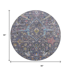 HomeRoots 8' Round Floral Area Rug in Gray, Gold & Red – Washable, Durable, Indoor/Outdoor Charm for Any Space 639607