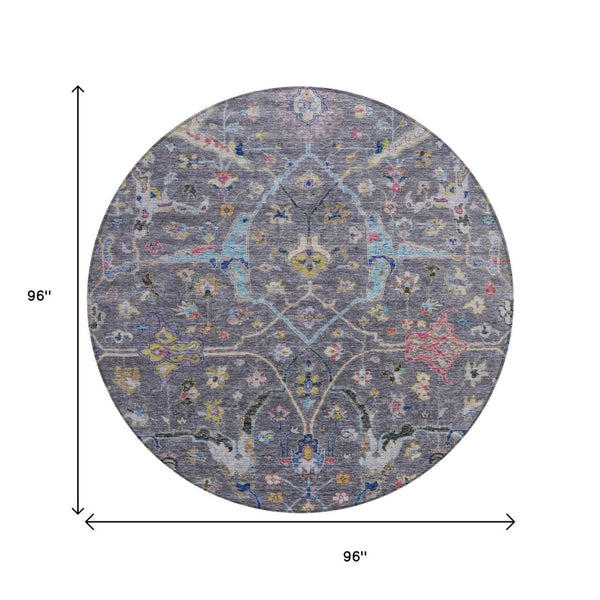HomeRoots 8' Round Floral Area Rug in Gray, Gold & Red – Washable, Durable, Indoor/Outdoor Charm for Any Space 639607