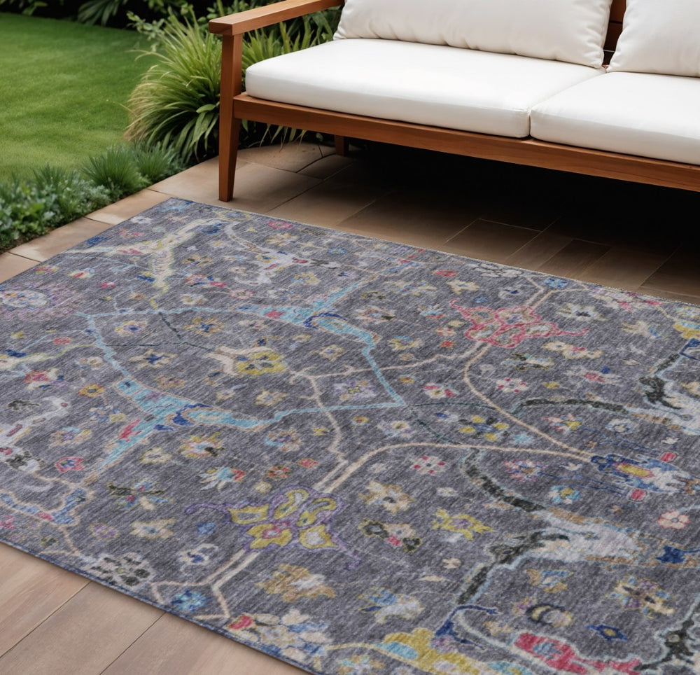 HomeRoots 8' X 10' Stunning Gray, Gold & Red Floral Area Rug - Washable, Durable for Indoor & Outdoor Use! 639608