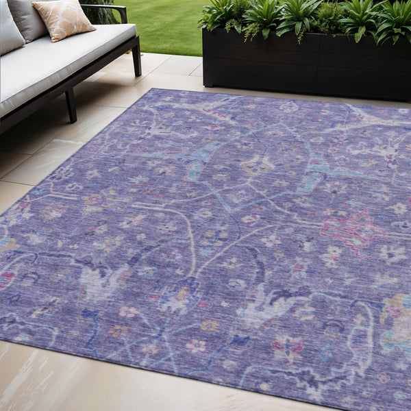 HomeRoots 5' Floral Area Rug in Purple, Sky Blue & Silver – Durable, Washable Design for Indoor/Outdoor Use! 639612