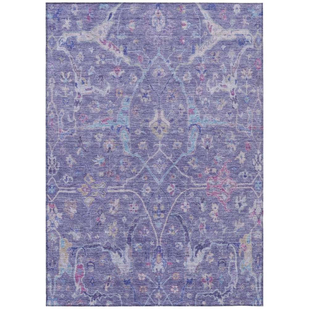 HomeRoots 5' Floral Area Rug in Purple, Sky Blue & Silver – Durable, Washable Design for Indoor/Outdoor Use! 639612