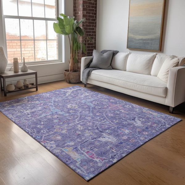 HomeRoots 5' Floral Area Rug in Purple, Sky Blue & Silver – Durable, Washable Design for Indoor/Outdoor Use! 639612