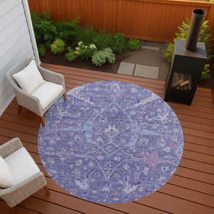 HomeRoots 8' Vibrant Round Floral Area Rug in Purple, Sky Blue & Silver - Washable for Indoor/Outdoor Use 639613