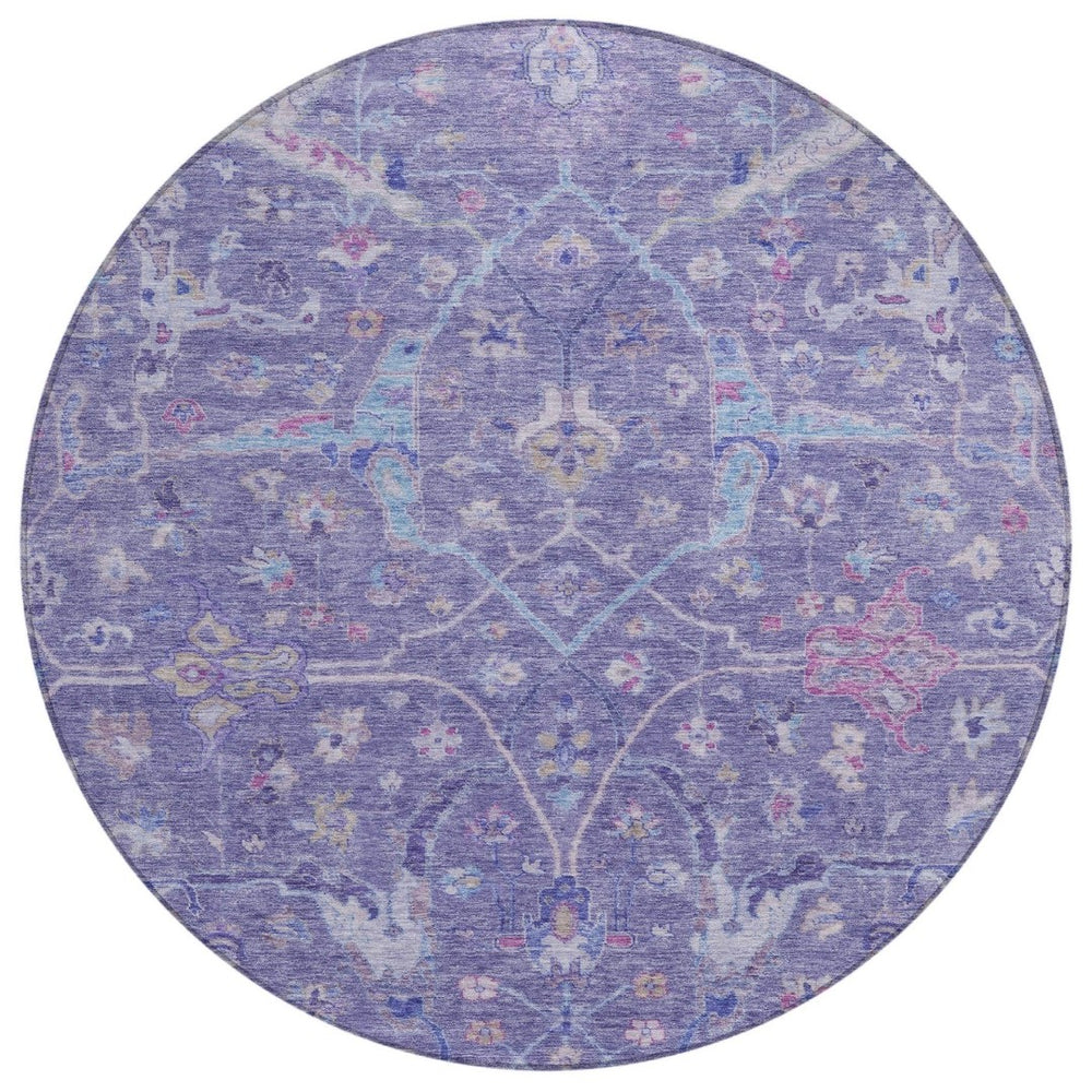 HomeRoots 8' Vibrant Round Floral Area Rug in Purple, Sky Blue & Silver - Washable for Indoor/Outdoor Use 639613