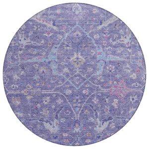 HomeRoots 8' Vibrant Round Floral Area Rug in Purple, Sky Blue & Silver - Washable for Indoor/Outdoor Use 639613