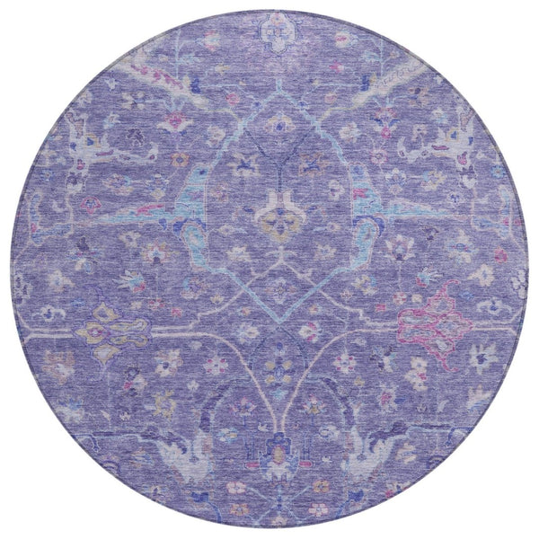 HomeRoots 8' Vibrant Round Floral Area Rug in Purple, Sky Blue & Silver - Washable for Indoor/Outdoor Use 639613