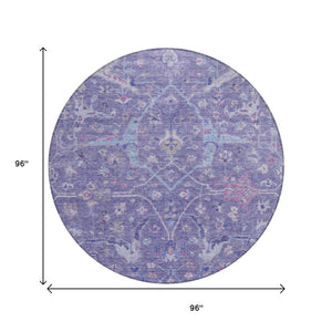 HomeRoots 8' Vibrant Round Floral Area Rug in Purple, Sky Blue & Silver - Washable for Indoor/Outdoor Use 639613