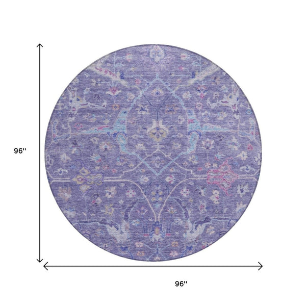 HomeRoots 8' Vibrant Round Floral Area Rug in Purple, Sky Blue & Silver - Washable for Indoor/Outdoor Use 639613