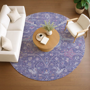 HomeRoots 8' Vibrant Round Floral Area Rug in Purple, Sky Blue & Silver - Washable for Indoor/Outdoor Use 639613