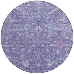 HomeRoots 8' Vibrant Round Floral Area Rug in Purple, Sky Blue & Silver - Washable for Indoor/Outdoor Use 639613