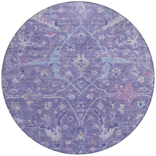 HomeRoots 8' Vibrant Round Floral Area Rug in Purple, Sky Blue & Silver - Washable for Indoor/Outdoor Use 639613