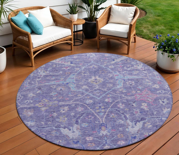 HomeRoots 8' Vibrant Round Floral Area Rug in Purple, Sky Blue & Silver - Washable for Indoor/Outdoor Use 639613