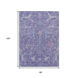 HomeRoots 8' X 10' Vibrant Purple, Sky Blue & Silver Floral Washable Area Rug for Indoor & Outdoor Spaces 639614