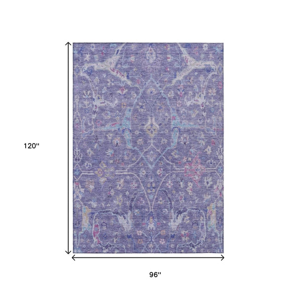 HomeRoots 8' X 10' Vibrant Purple, Sky Blue & Silver Floral Washable Area Rug for Indoor & Outdoor Spaces 639614