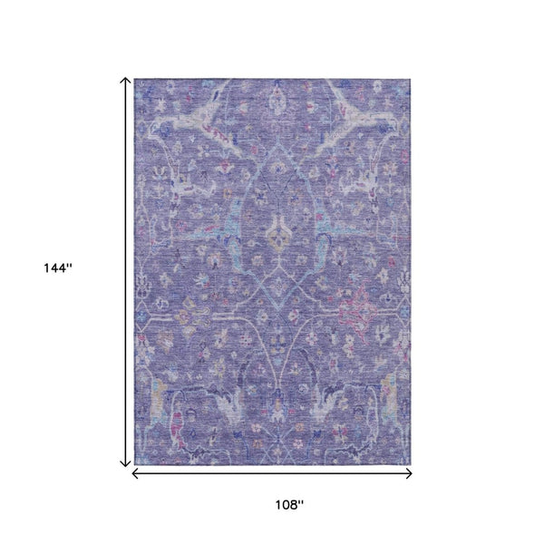 HomeRoots 9' X 12' Floral Washable Area Rug in Purple, Sky Blue & Silver – Durable, Stylish for Indoor/Outdoor Use 639615