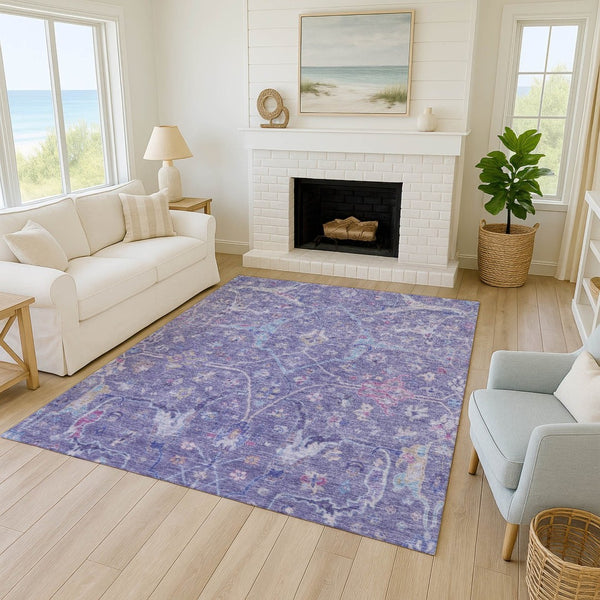 HomeRoots 9' X 12' Floral Washable Area Rug in Purple, Sky Blue & Silver – Durable, Stylish for Indoor/Outdoor Use 639615