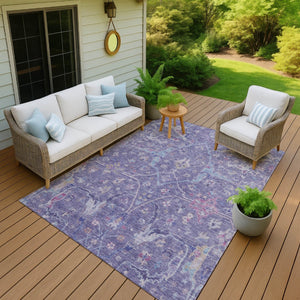 HomeRoots 10' Floral Washable Area Rug in Purple, Sky Blue & Silver - Durable Indoor/Outdoor Design for Versatility 639616