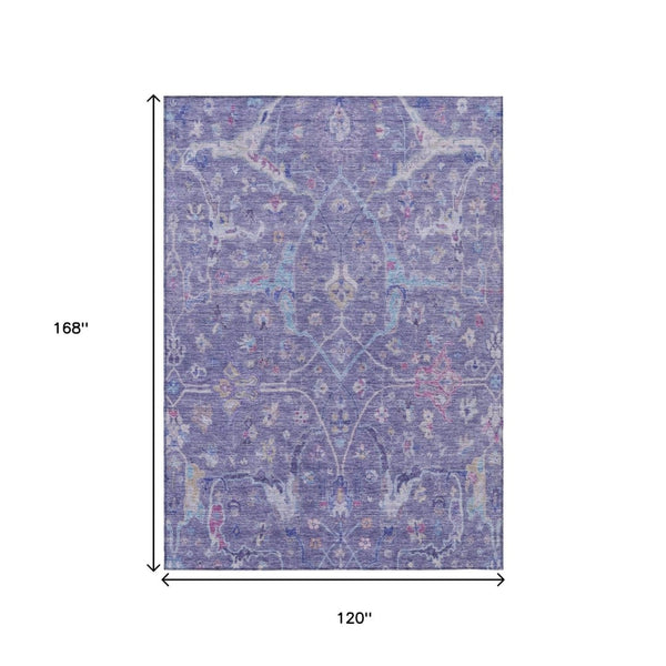 HomeRoots 10' Floral Washable Area Rug in Purple, Sky Blue & Silver - Durable Indoor/Outdoor Design for Versatility 639616