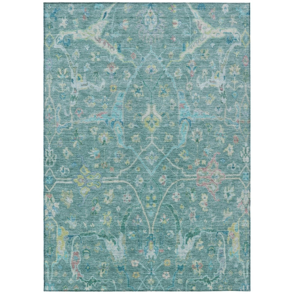 HomeRoots 5' Vibrant Teal Blue & Lime Green Floral Washable Area Rug for Indoor/Outdoor Spaces - Durable & Stylish 639618