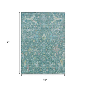 HomeRoots 5' Vibrant Teal Blue & Lime Green Floral Washable Area Rug for Indoor/Outdoor Spaces - Durable & Stylish 639618