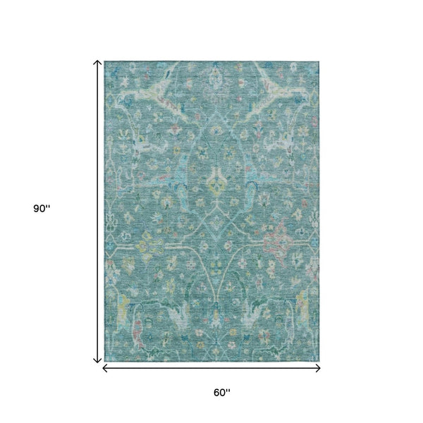 HomeRoots 5' Vibrant Teal Blue & Lime Green Floral Washable Area Rug for Indoor/Outdoor Spaces - Durable & Stylish 639618