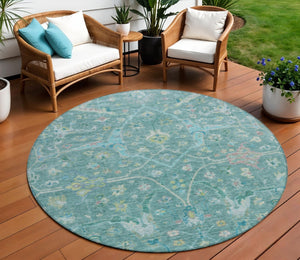 HomeRoots 8' Teal Blue & Lime Green Round Floral Rug – Washable, Durable, Stylish for Indoor & Outdoor Use! 639619