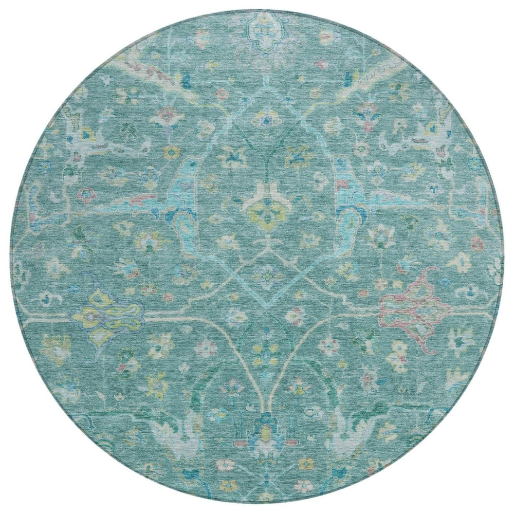 HomeRoots 8' Teal Blue & Lime Green Round Floral Rug – Washable, Durable, Stylish for Indoor & Outdoor Use! 639619