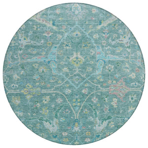 HomeRoots 8' Teal Blue & Lime Green Round Floral Rug – Washable, Durable, Stylish for Indoor & Outdoor Use! 639619