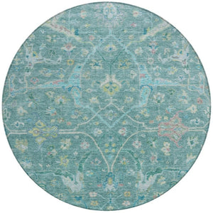 HomeRoots 8' Teal Blue & Lime Green Round Floral Rug – Washable, Durable, Stylish for Indoor & Outdoor Use! 639619