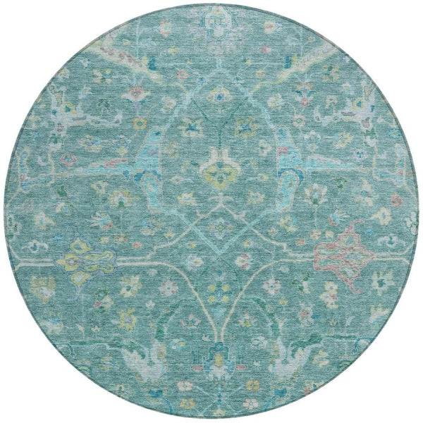 HomeRoots 8' Teal Blue & Lime Green Round Floral Rug – Washable, Durable, Stylish for Indoor & Outdoor Use! 639619